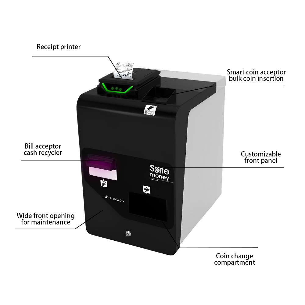 High operational speed bulk coin insertion custom screen banknotes acceptor&recycler safe money currency change kiosk