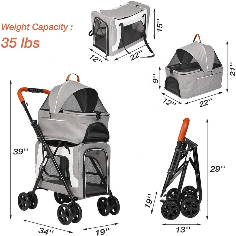 Detachable Removable Storage Carrier Cart 4 Wheels Outdoor Travel Pet Stroller For 2 Cats Dogs