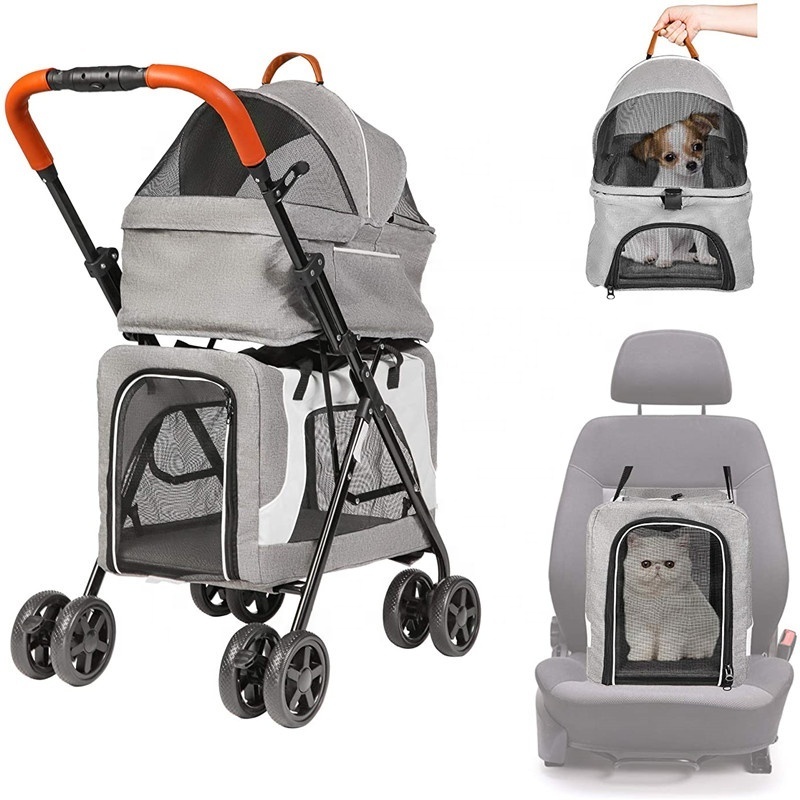 Detachable Removable Storage Carrier Cart 4 Wheels Outdoor Travel Pet Stroller For 2 Cats Dogs