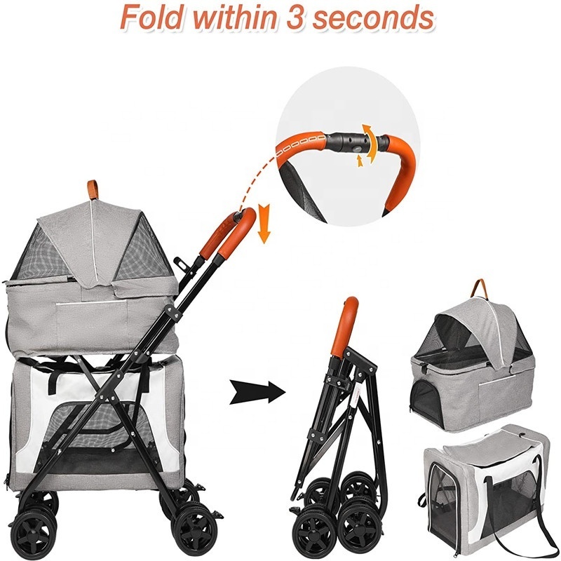 Detachable Removable Storage Carrier Cart 4 Wheels Outdoor Travel Pet Stroller For 2 Cats Dogs