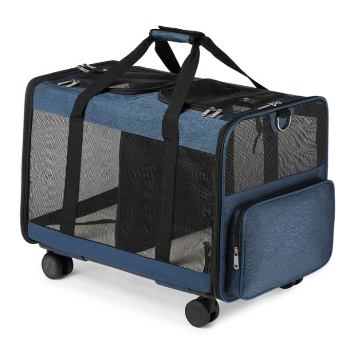 Custom Luxury Pet Carrier Travel Removable Rolling 4 Wheels Mesh Dog Stroller Cat Trolley Bag pull rod tug double compartments