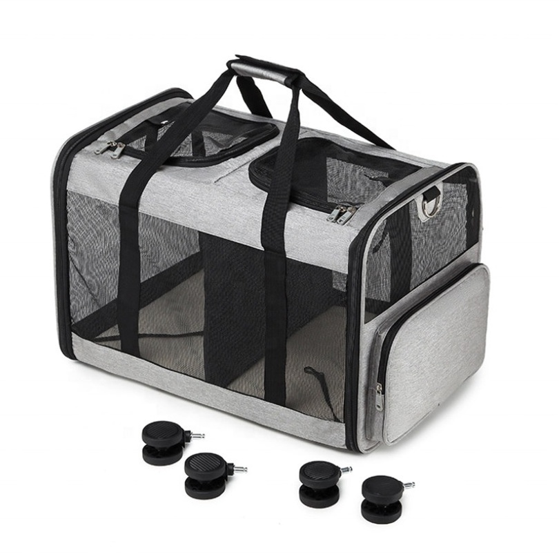 Custom Luxury Pet Carrier Travel Removable Rolling 4 Wheels Mesh Dog Stroller Cat Trolley Bag pull rod tug double compartments