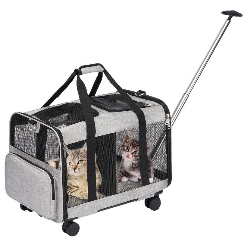 Custom Luxury Pet Carrier Travel Removable Rolling 4 Wheels Mesh Dog Stroller Cat Trolley Bag pull rod tug double compartments