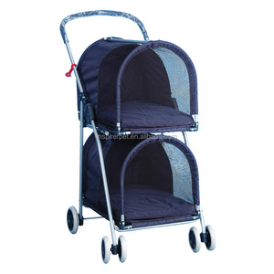 Blue Double Deck Pet Stroller 4 Wheel Foldable Twin Pet Stroller Two-Seater Carrier Strolling Cart