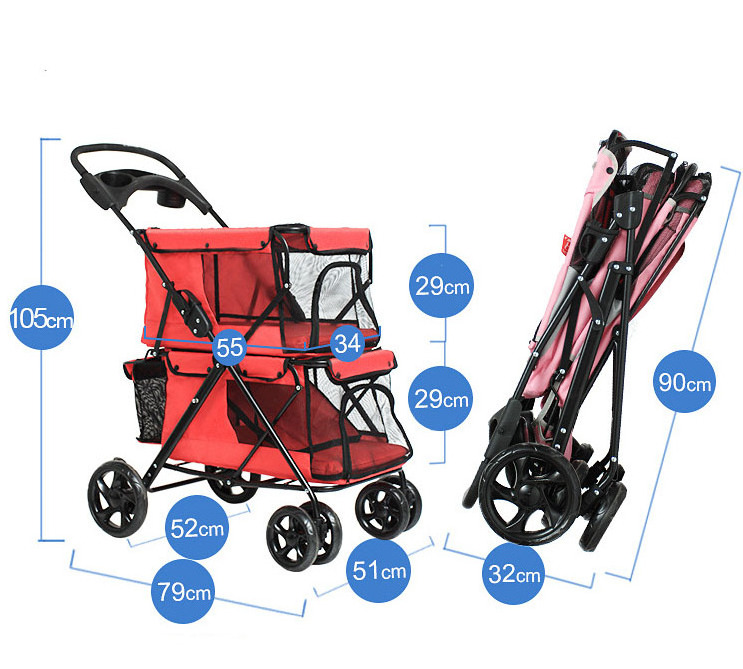 Popular Luxury Double Decker Traveling Pet Stroller for 2 Dogs in bag 4 wheels foldable double dog pet stroller stylish