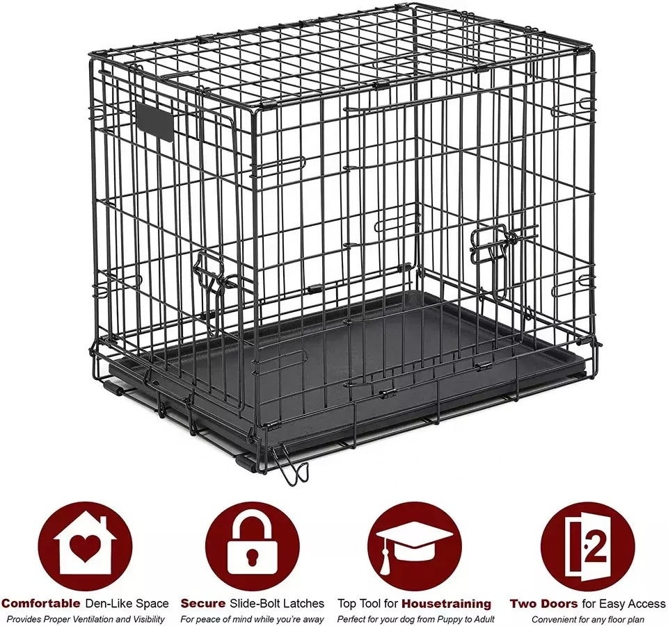 Wholesale Manufacturer 24 30 36 42 48 Inch Metal Foldable Dog Crates Cage Metal Folding Dog Cage XXL Black Impact Dog Kennel