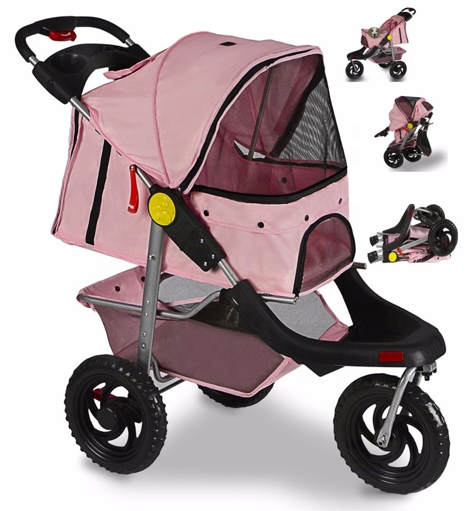 Easy One-Hand Fold 3 Big Wheels Jogger Wholesale Pet Stroller Cat Dog Easy Walk Folding Travel Carriage Trolley With Cup Holder