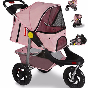 Easy One-Hand Fold 3 Big Wheels Jogger Wholesale Pet Stroller Cat Dog Easy Walk Folding Travel Carriage Trolley With Cup Holder