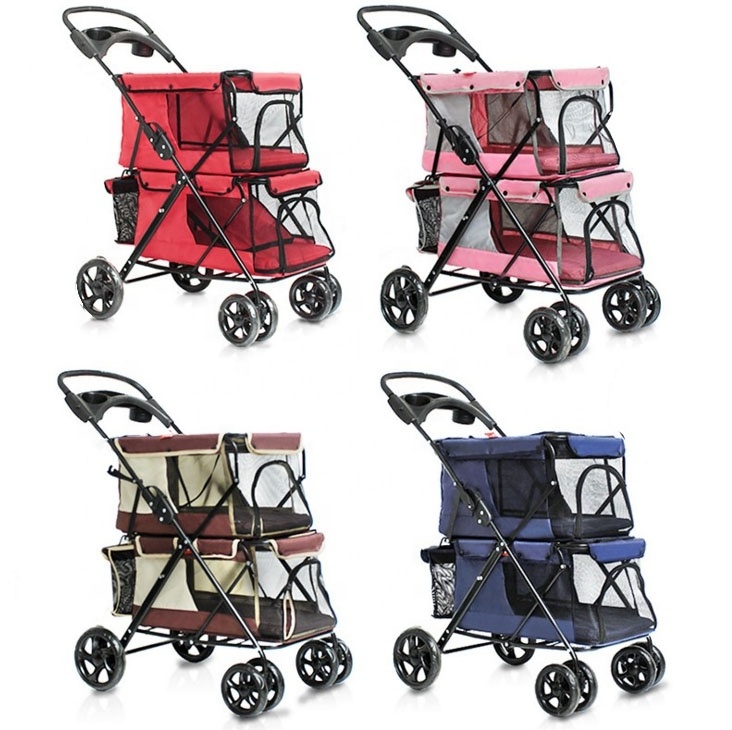 Popular Luxury Double Decker Traveling Pet Stroller for 2 Dogs in bag 4 wheels foldable double dog pet stroller stylish