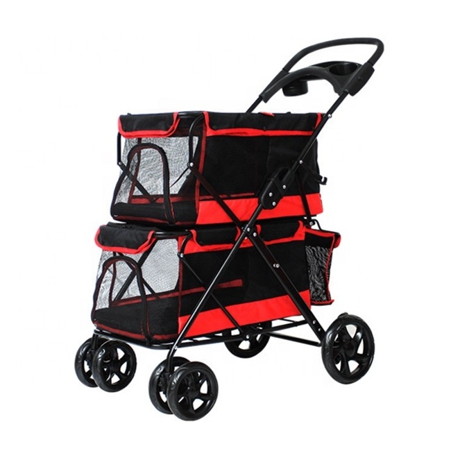 Popular Luxury Double Decker Traveling Pet Stroller for 2 Dogs in bag 4 wheels foldable double dog pet stroller stylish