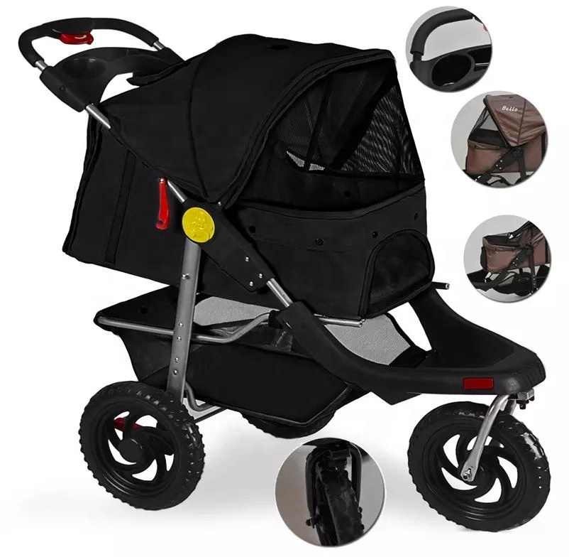 Easy One-Hand Fold 3 Big Wheels Jogger Wholesale Pet Stroller Cat Dog Easy Walk Folding Travel Carriage Trolley With Cup Holder