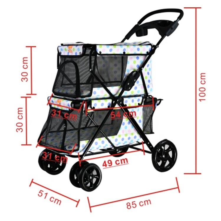 Popular Luxury Double Decker Traveling Pet Stroller for 2 Dogs in bag 4 wheels foldable double dog pet stroller stylish