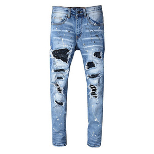 Men's rhinestone crystal patchwork light blue ripped jeans Slim fit skinny stretch denim pants (1)