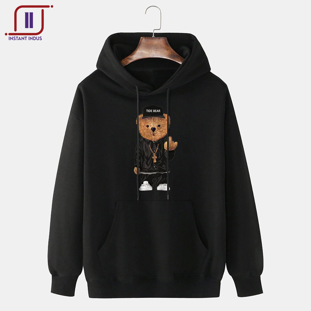 Mens 100% Cotton Cartoon Bear Print Kangaroo Pocket Hoodies