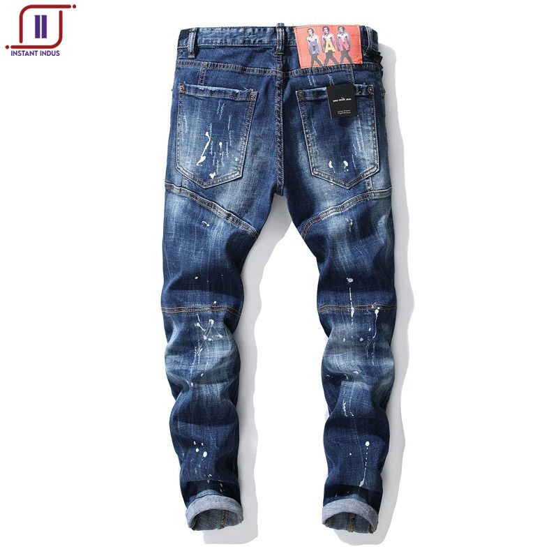 Autumn New Broken Hole Splashed Paint Splicing Men Slim Jeans Europe United States Small Beggar Pants Denim Pants OEM