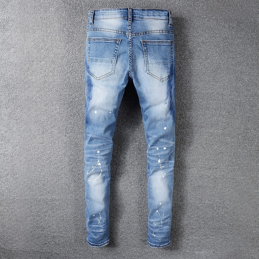 Men's rhinestone crystal patchwork light blue ripped jeans Slim fit skinny stretch denim pants (1)