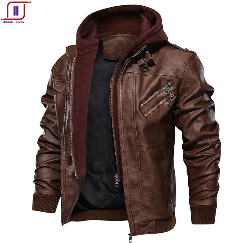 Fashion Men Racer Motorcycle PU Leather Jackets Hooded Coat Black Brown Leather Jacket