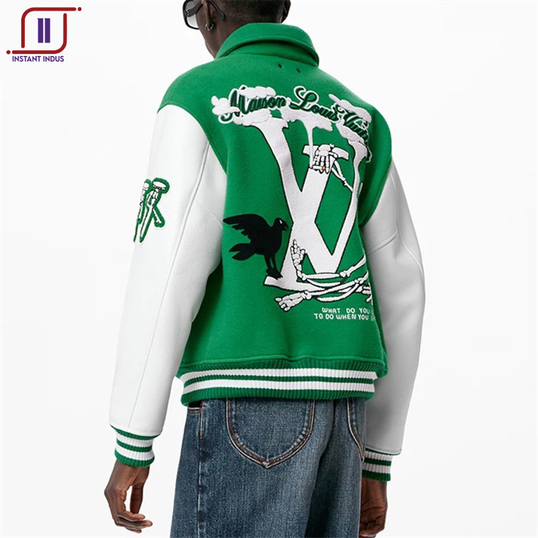 OEM custom chain chenille patch embroidery leather sleeve vintage baseball letterman varsity jacket for men