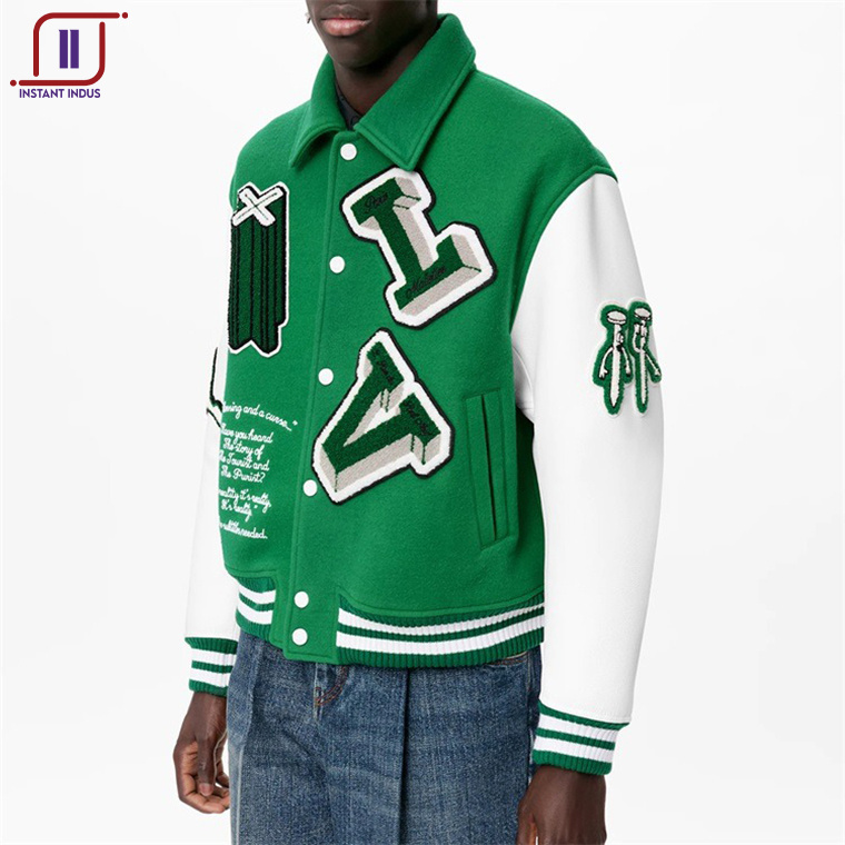 OEM custom chain chenille patch embroidery leather sleeve vintage baseball letterman varsity jacket for men