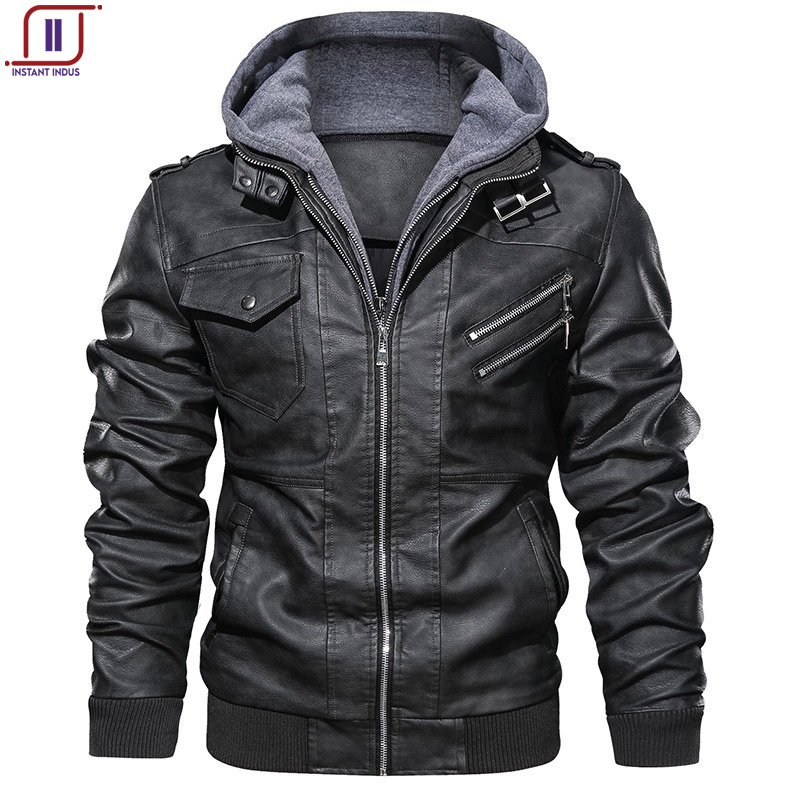 Fashion Men Racer Motorcycle PU Leather Jackets Hooded Coat Black Brown Leather Jacket