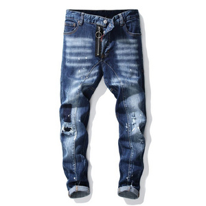 Autumn New Broken Hole Splashed Paint Splicing Men Slim Jeans Europe United States Small Beggar Pants Denim Pants OEM