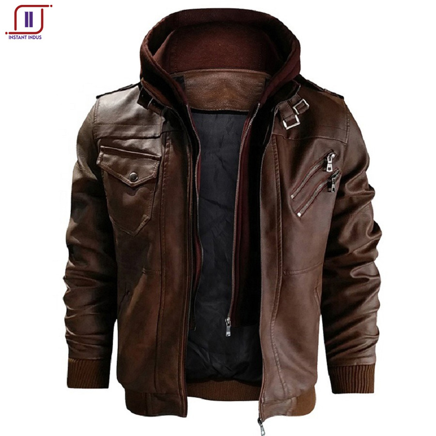 Fashion Men Racer Motorcycle PU Leather Jackets Hooded Coat Black Brown Leather Jacket