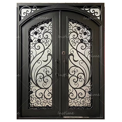 Instime Hot Sale Security Design Metal French Arched Double Main Wrought Iron Entrance Doors Iron Exterior Front Entry Door