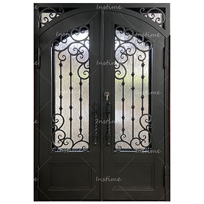 Instime Hot Sale Security Design Metal French Arched Double Main Wrought Iron Entrance Doors Iron Exterior Front Entry Door