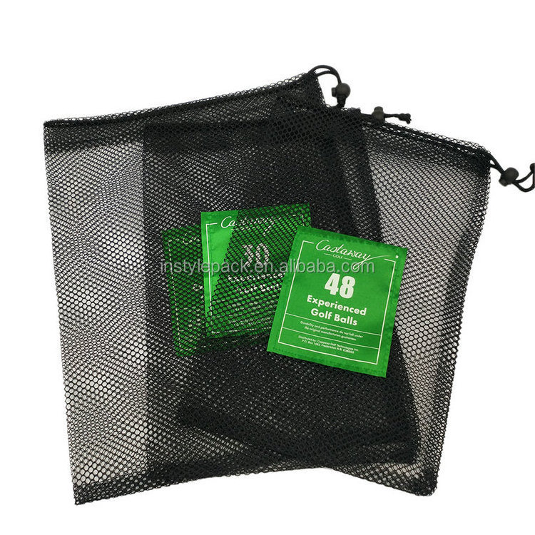 Custom Logo Printed Black Mesh Drawstring Bag for Golf Ball