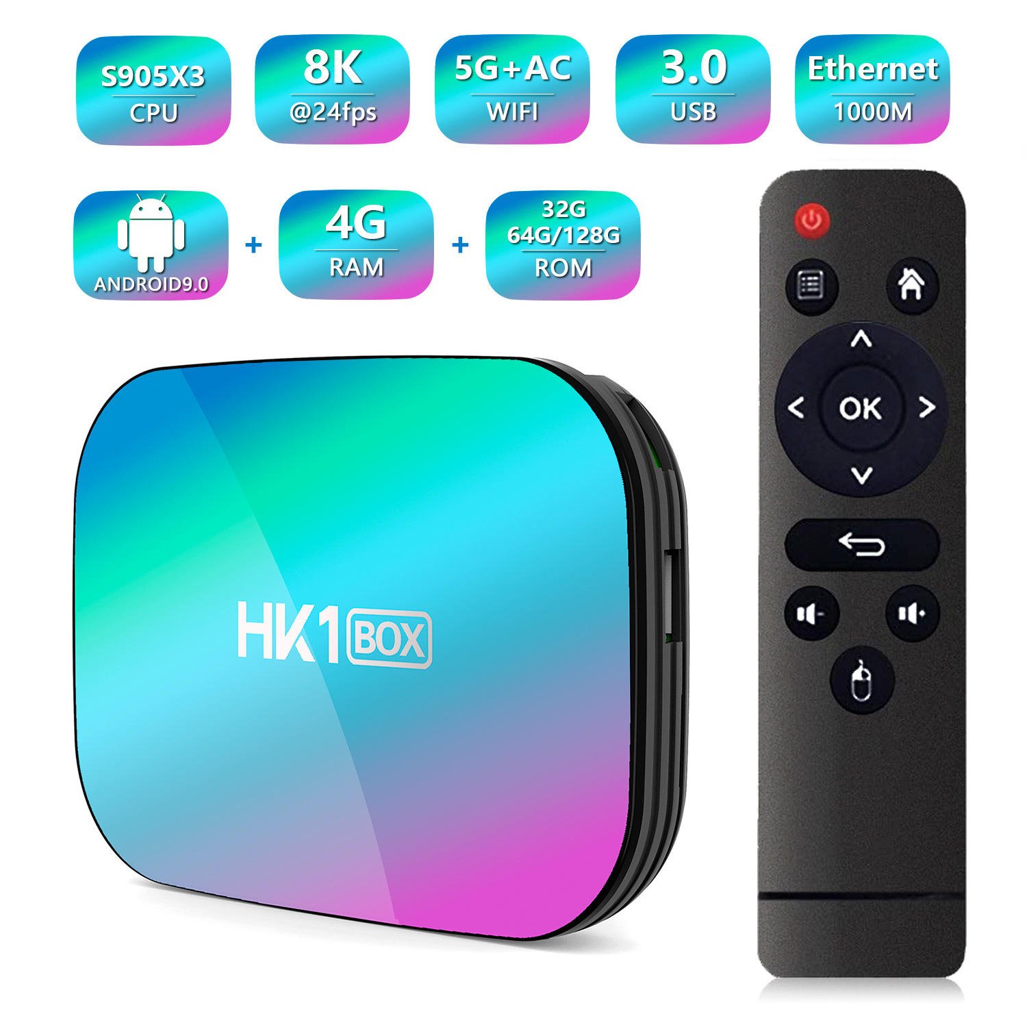 HK1 BOX 4GB RAM 32GB ROM S905X3 android 9.0 64-bit Quad core 2.4G/5G Dual-Band WiFi Smart TV Box 3D HD 8K 4K H.265