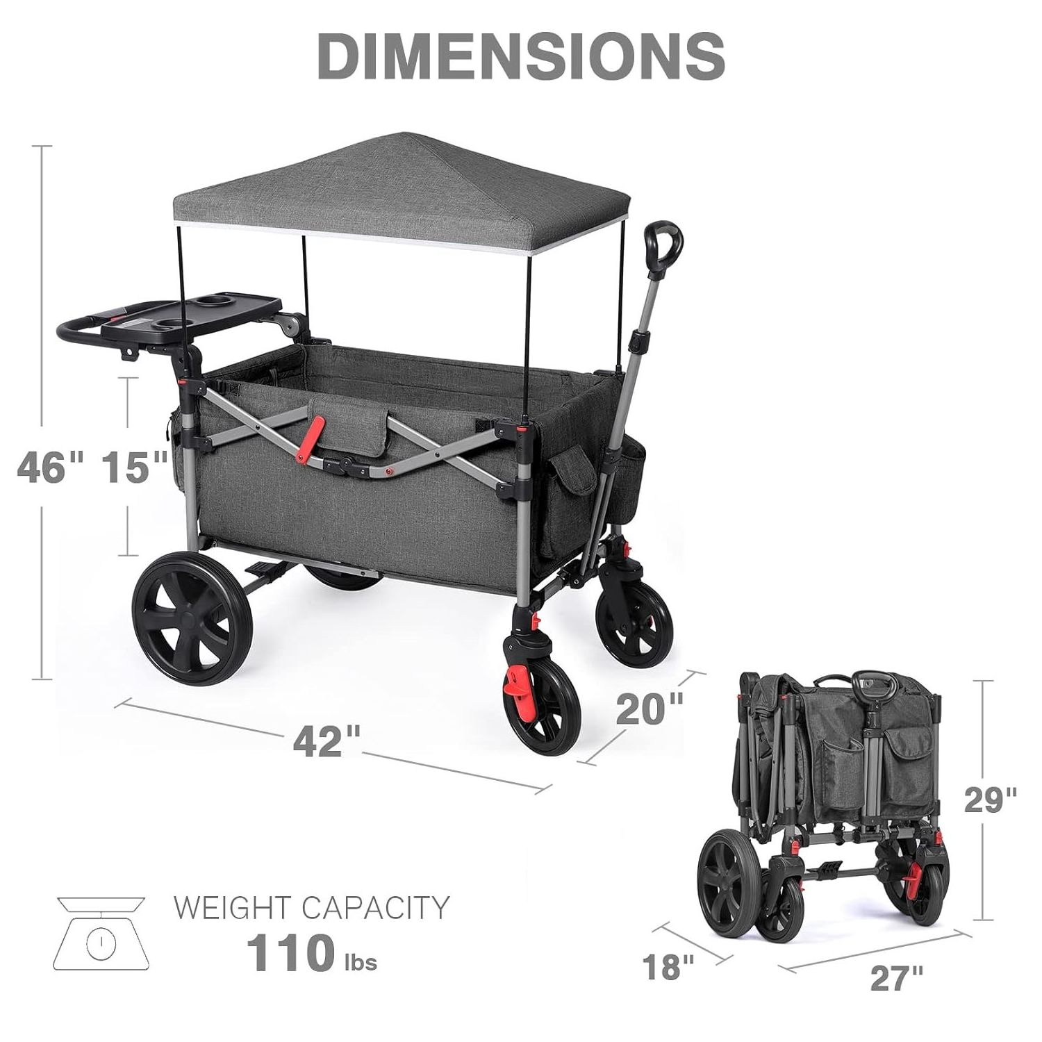 Popular Foldable Wagons for Two Kids & Cargo Collapsible Folding Stroller with Adjustable Handle Bar Removable Canopy