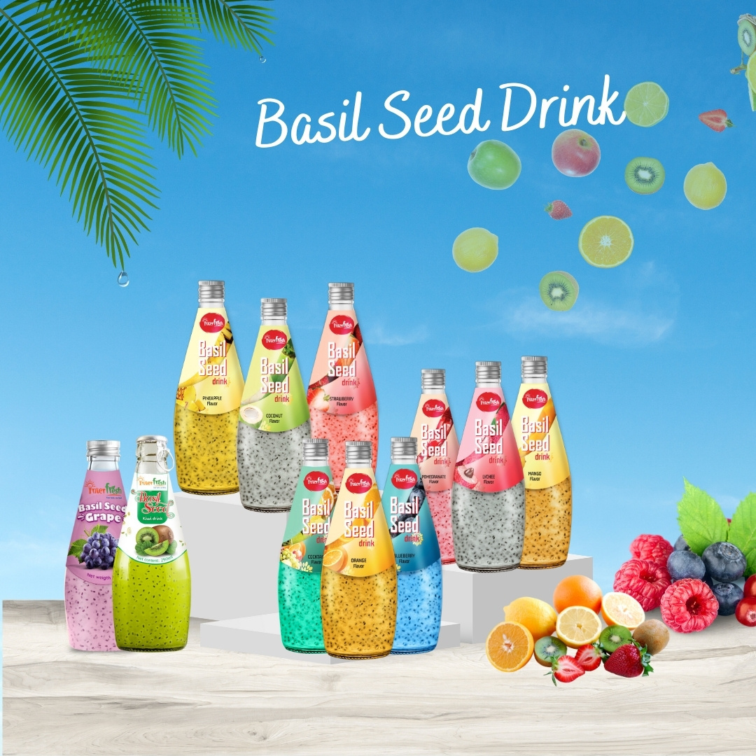 Exporter from Vietnam Beverage Drink Benefits Of Basil Seeds 290ml Glass Bottle Basil Seed Juice with Mangosteen Juice Beverage