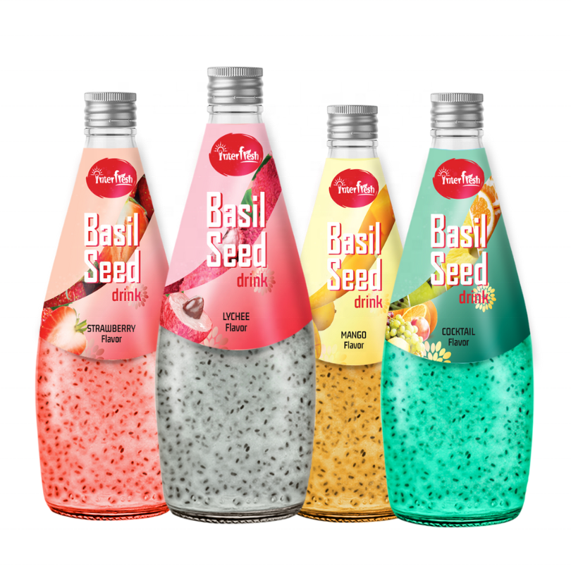 Interfresh Beverage Manufacturer Basil Seed Drinks Glass Bottle 290 ml HALAL ISO GMP HACCP Exporter from Vietnam