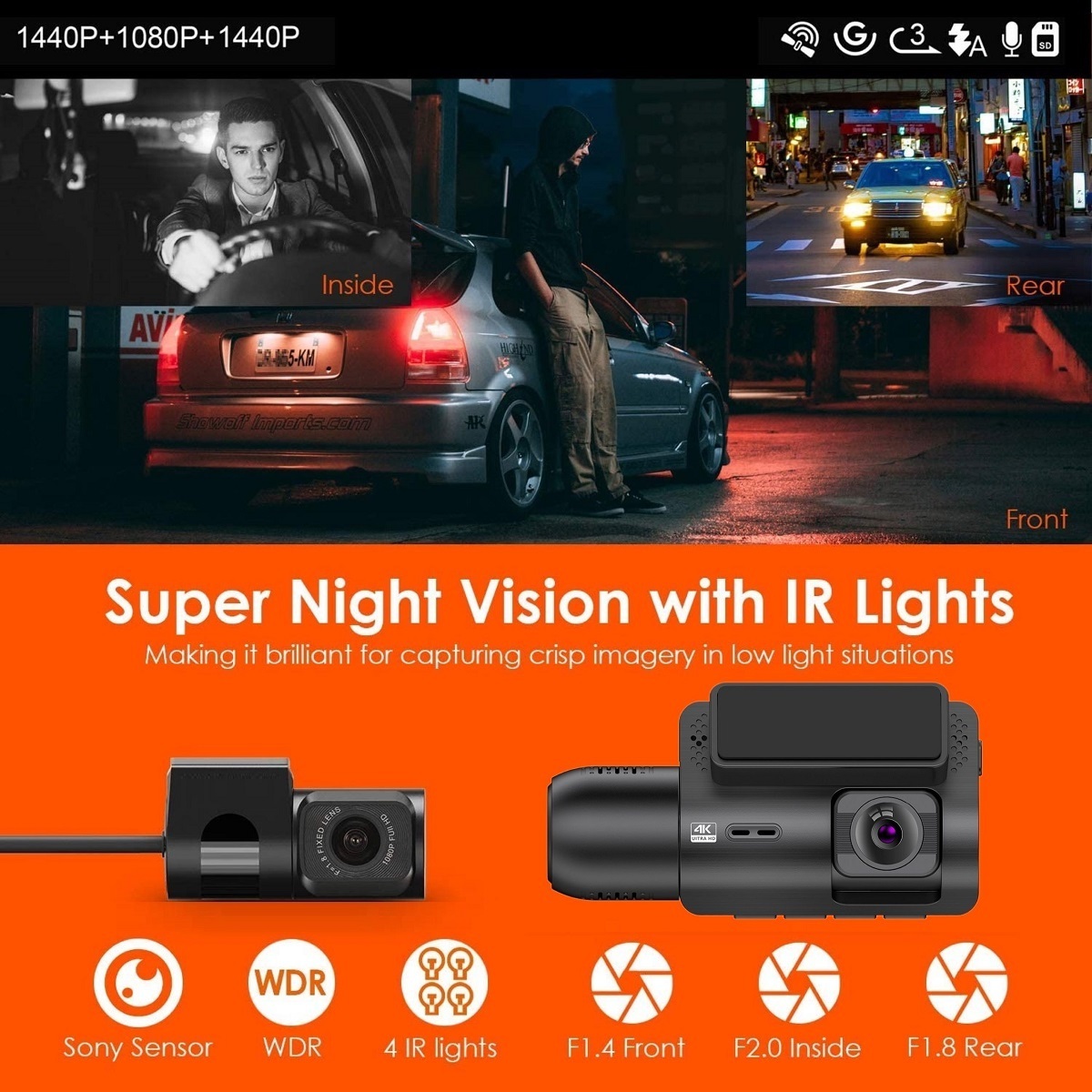 2160P UHD Front Rear and Inside Triple Car Camera with gps Car Dashboard WDR 3ch Sony IR Night Vision Supercapacitor dash cam 4K