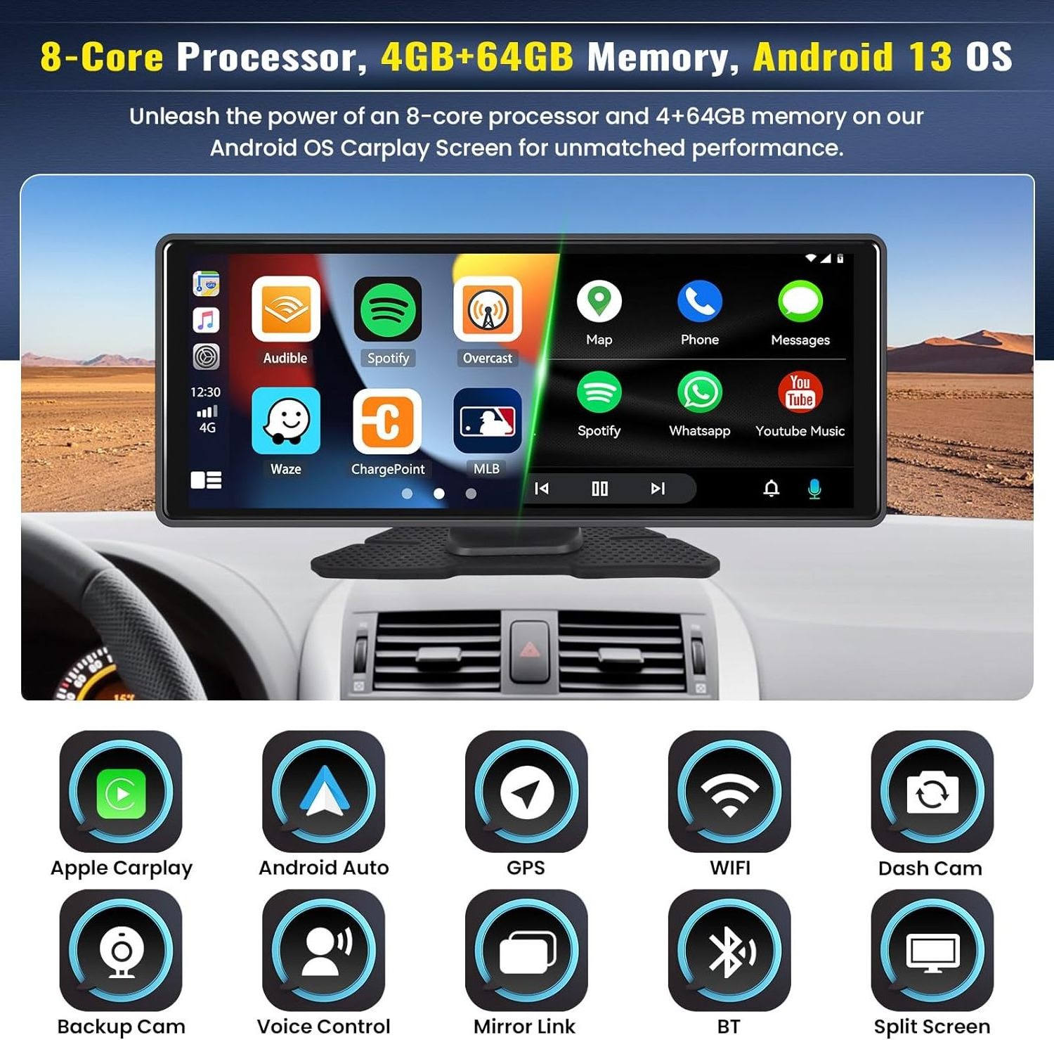 10.26inch Car DVR For Android 13 4+64G Carplay Android Auto driving recorder WIFI GPS Dashboard front and rear Dash Cam