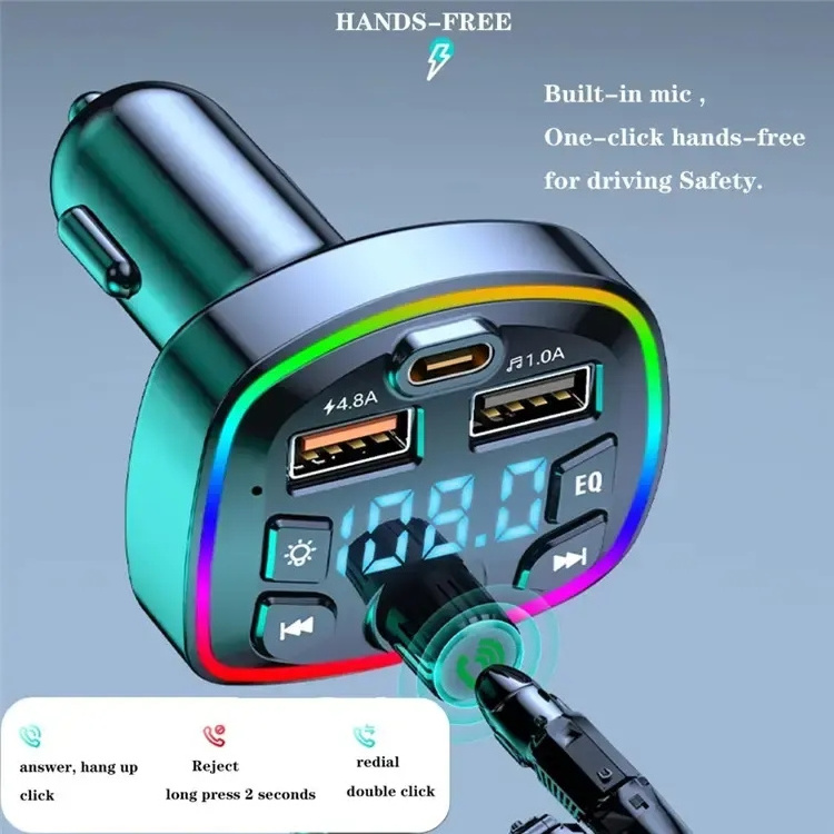 Car Wireless FM Transmitter Handsfree Call Audio Receiver Auto TF U Disk MP3 Player USB Fast Charger 5.0  FM-modulator