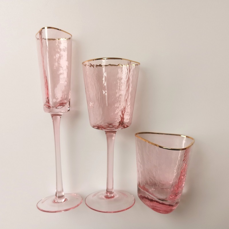 pink vintage custom crackle red wine glass cup set unique coloured crystal wine glasses goblet set with golden trim