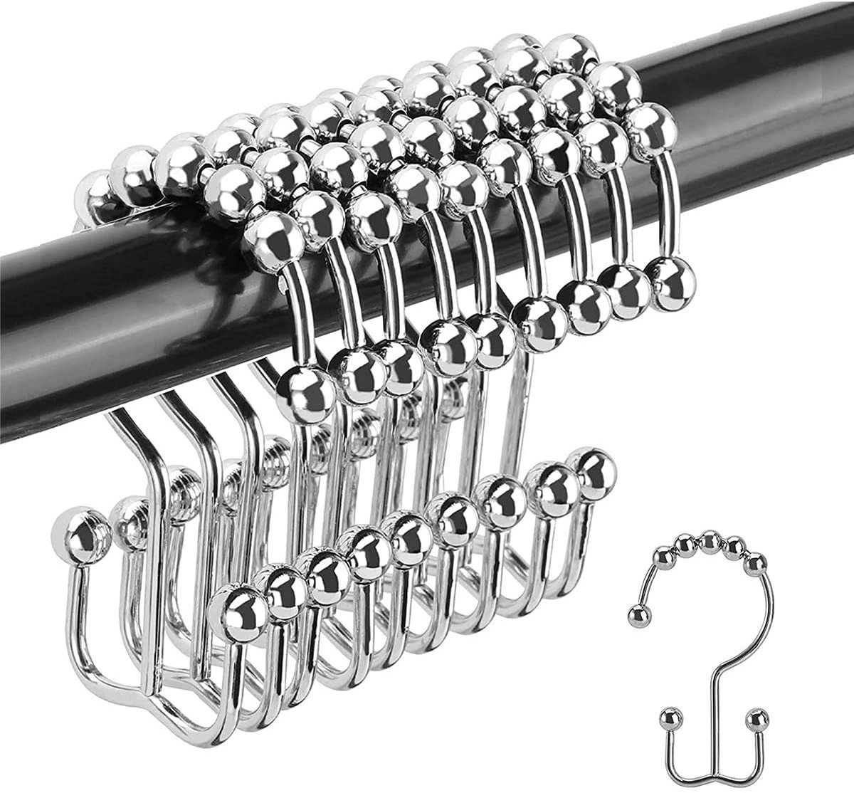 Stainless Steel Rust Resistant Double Glide Rollers Extra Wide Shower Curtain Rods Hooks for Bathroom