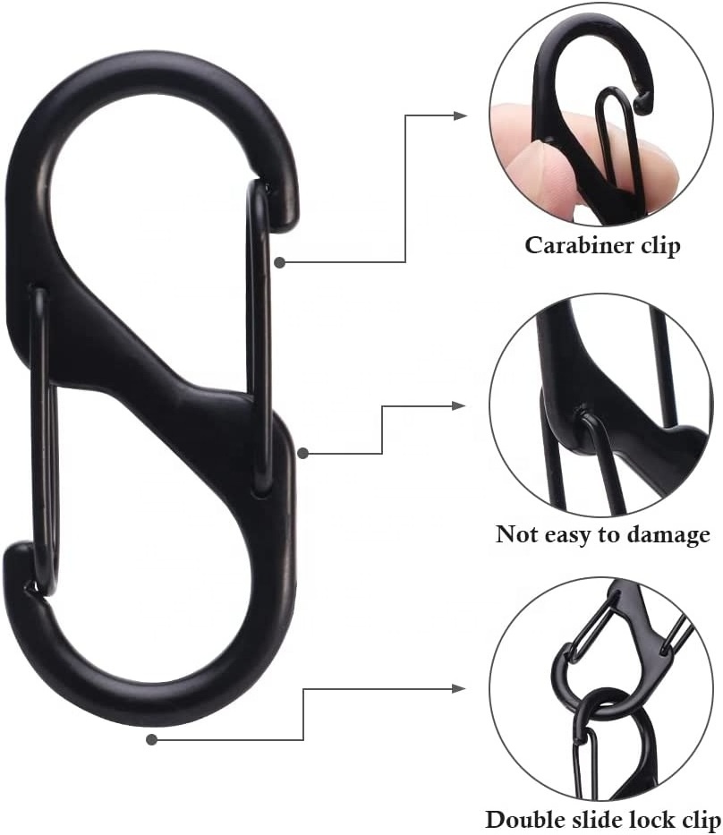 S Type All Black Matte Buckle Hook Outdoor Loading Carabiner Stainless Steel Carabiners Dual Spring Snap Hooks