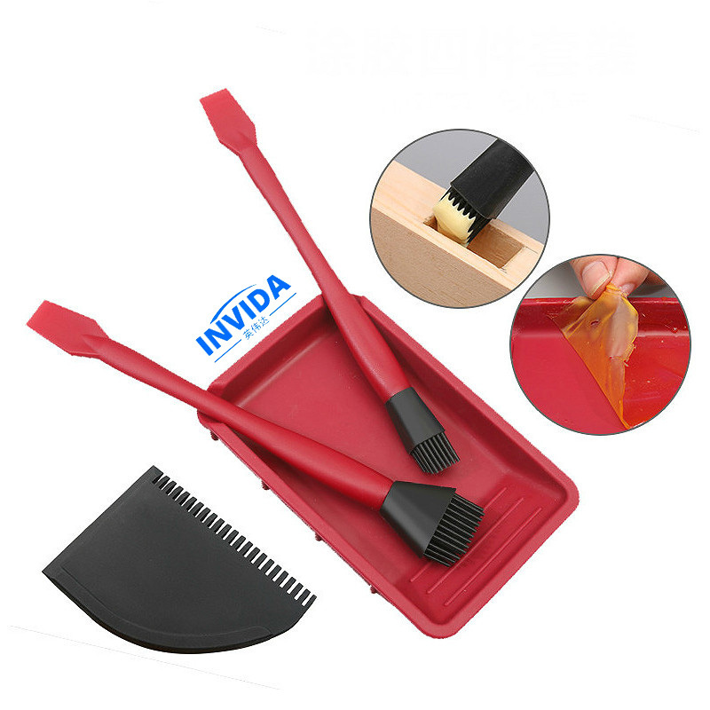 IVD-3019 Wash Free Glue Brush Tool Kit Washfree Silicone Soft Glue Brush Flat Scraper Glue Tray Wood Gluing Brushing Tools