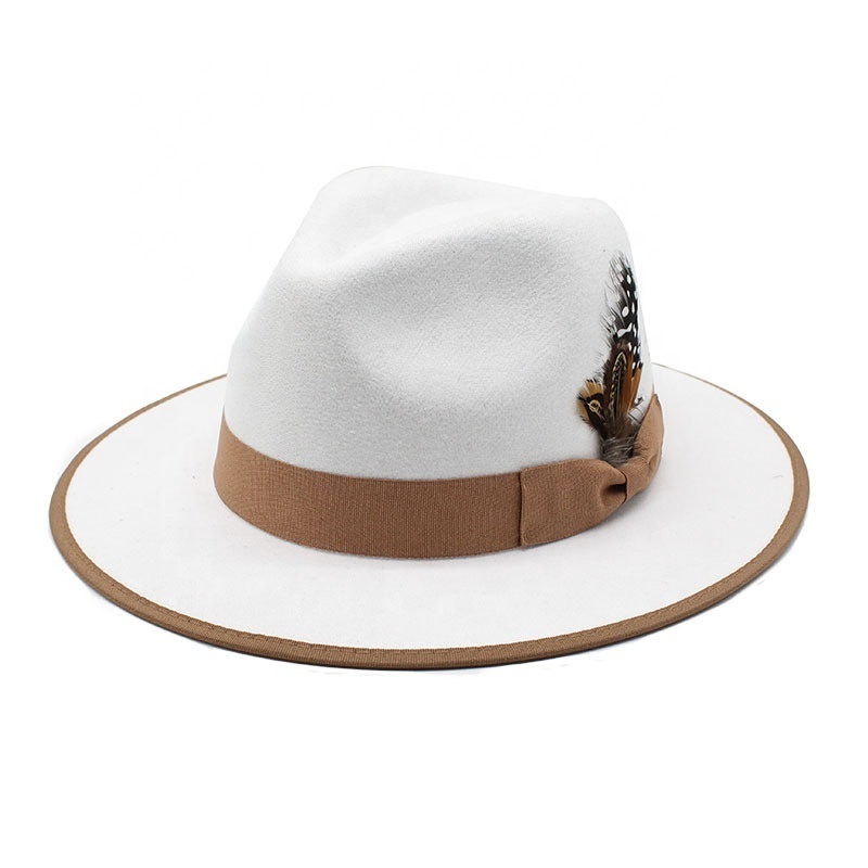 Customized 	high quality woman men wide brim wool classic jazz panama fedora felt hat with feather with custom logo