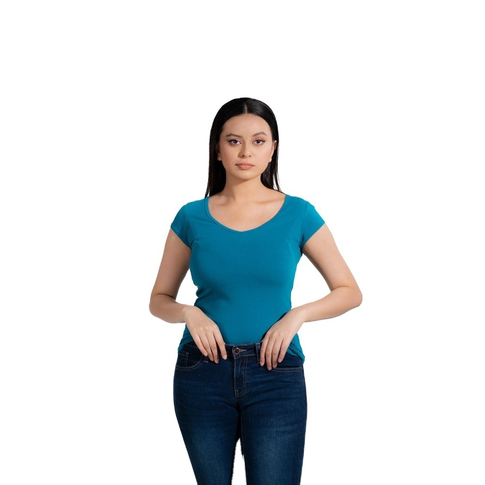 Top Selling Premium Very Sexy Low Cut V-Neck Cleavage Baby Slimming Basic Tee Shirt Aqua Blue O Neck Slim Fit Women T-shirts