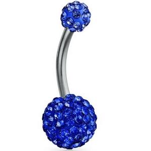 Blue Crystal Round Ball Bar Style Navel Belly Ring Surgical Steel