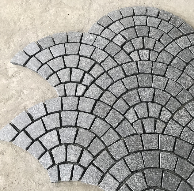 Factory Direct Sale  Fan Shape Black Granite Cobblestone On Mesh For Paving