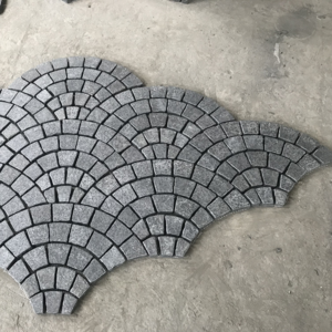 Factory Direct Sale  Fan Shape Black Granite Cobblestone On Mesh For Paving