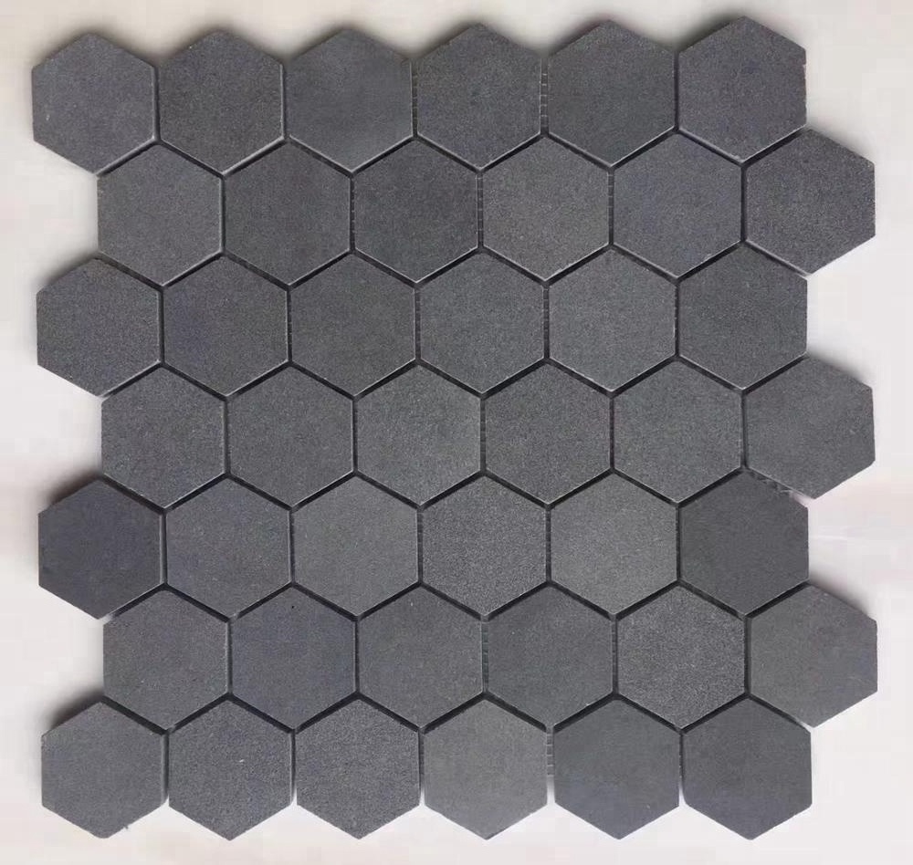 Hexagon Dark Grey Basalt Stone Mosaic Lava Stone Wall and Floor Tile