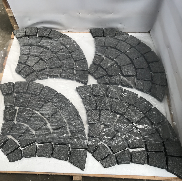 Factory grey granite Direct Sale  Fan Shape Black Granite Cobblestone On Mesh For outdoor Paving