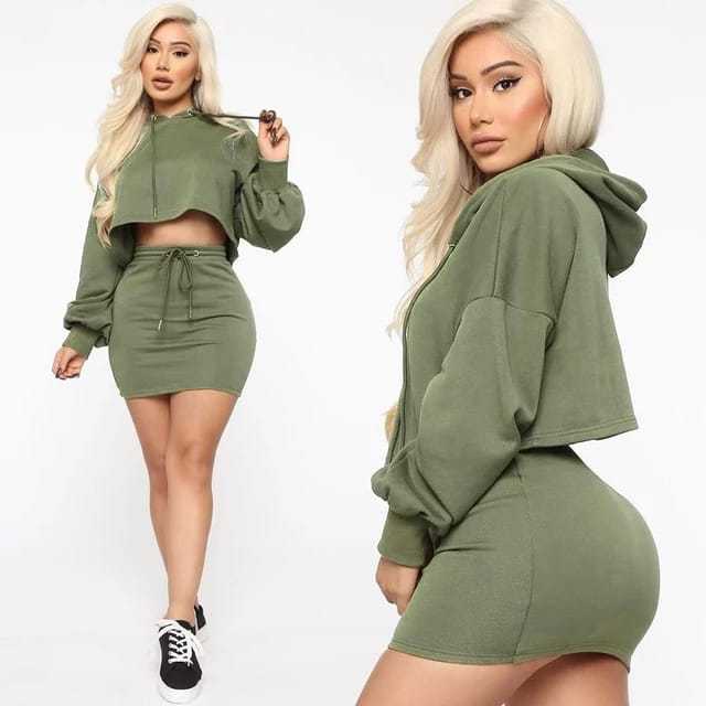 2022 Women's Sweatshirt Bodycon Mini Skirt 2 Piece Outfits Long Sleeve Crop Hoodie Drawstring Sweatsuit Dresses Sets For Women