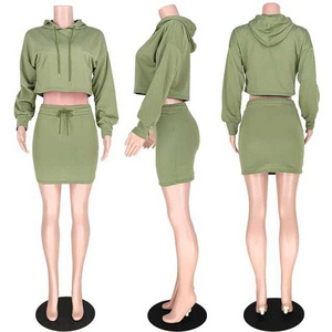 2022 Women's Sweatshirt Bodycon Mini Skirt 2 Piece Outfits Long Sleeve Crop Hoodie Drawstring Sweatsuit Dresses Sets For Women