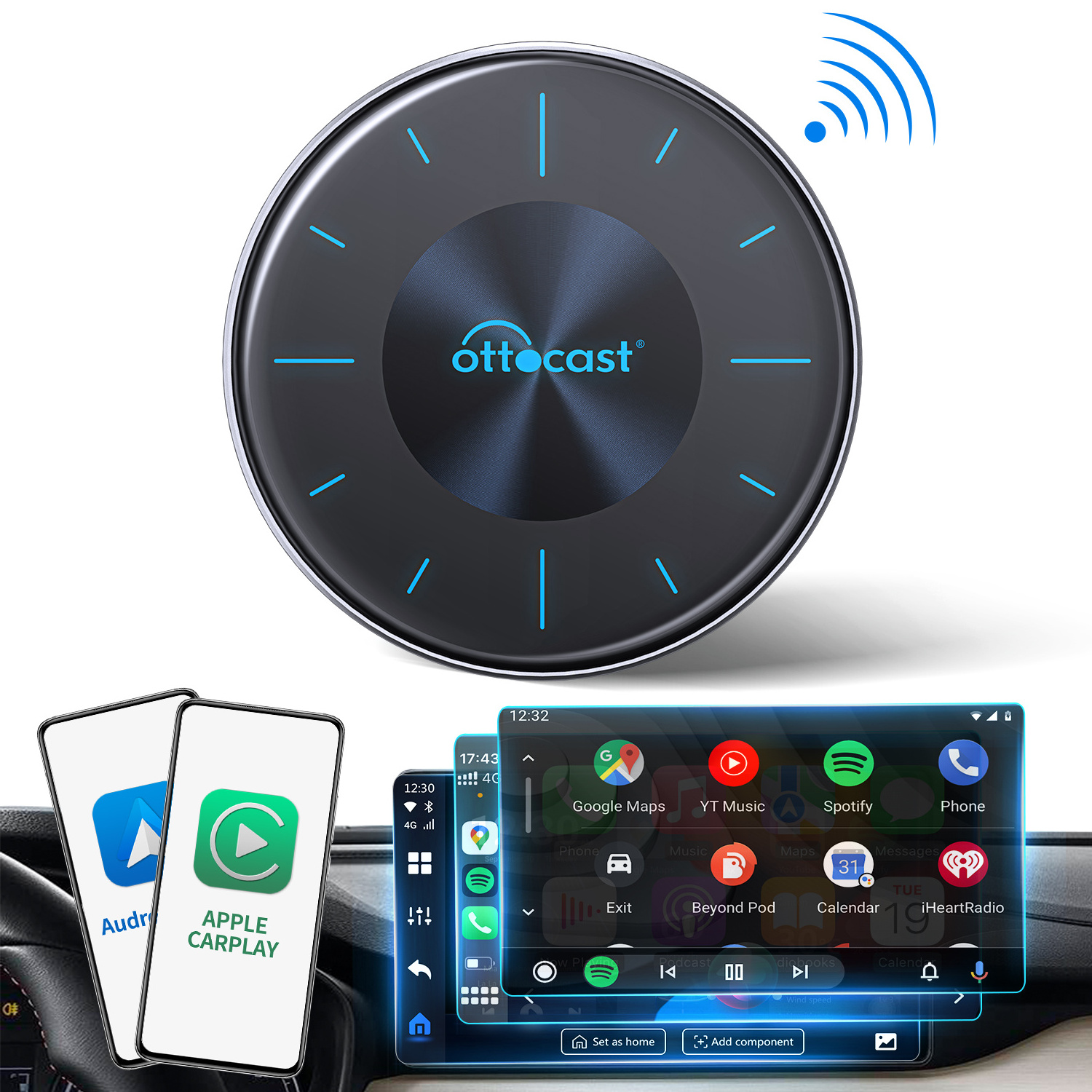 Ottocast carplay wireless smart box ai box wireless car play portable streaming box carplay dongle for universal